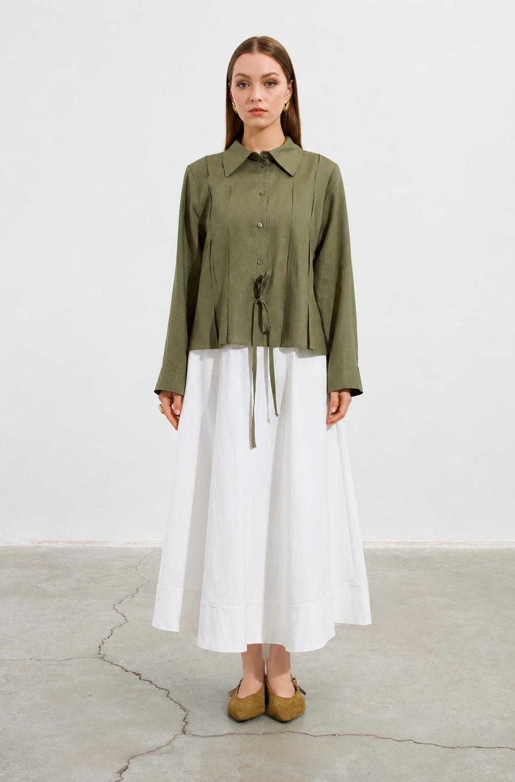 Bow Detail Long Sleeve Shirt In Khaki