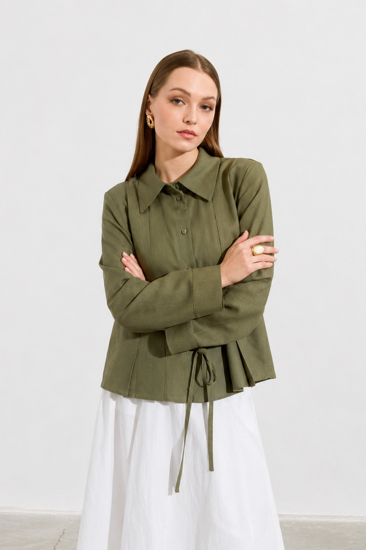 Bow Detail Long Sleeve Shirt In Khaki
