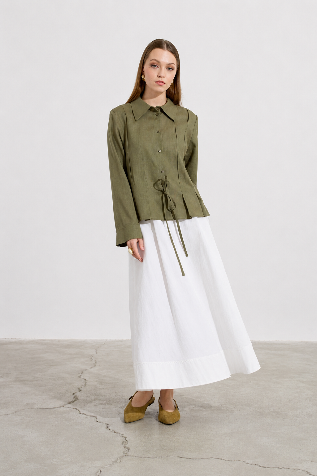 Bow Detail Long Sleeve Shirt In Khaki