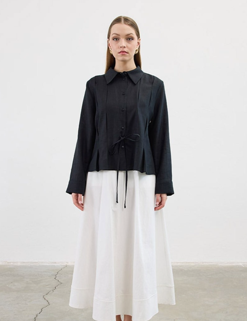 Bow Detail Long Sleeve Shirt in Black