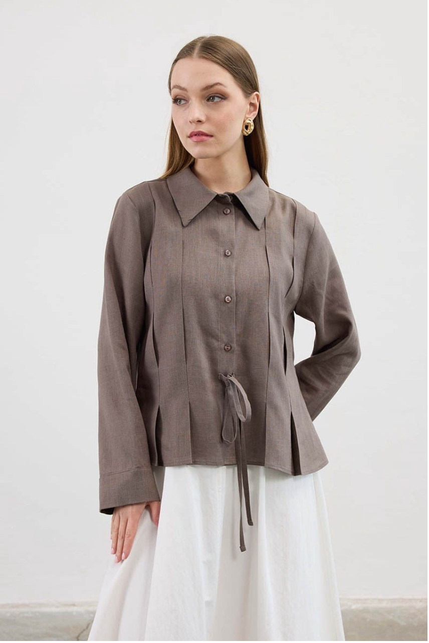 Bow Detail Long Sleeve Shirt In Brown