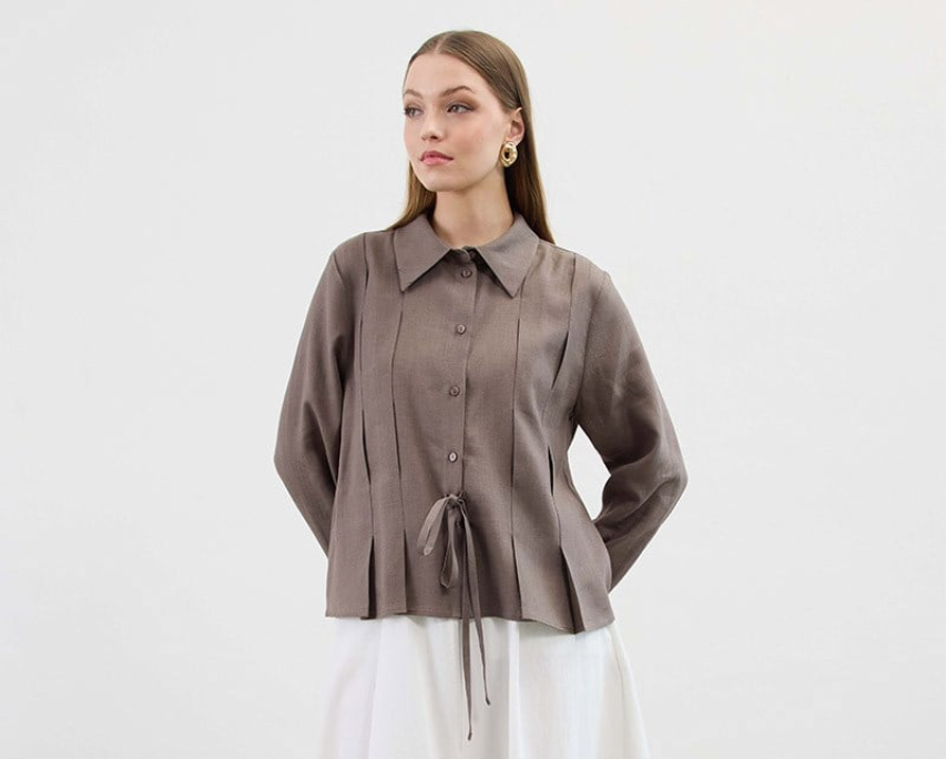 Bow Detail Long Sleeve Shirt In Brown