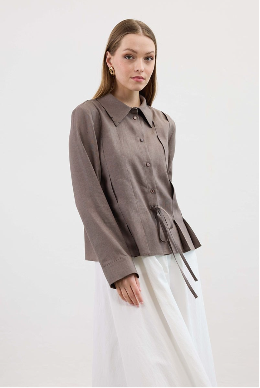 Bow Detail Long Sleeve Shirt In Brown